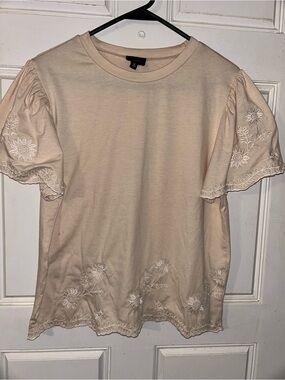 One Teaspoon Cream Embroidered Flutter Sleeve Tee